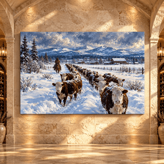 Hereford Cattle Herd in Snow Canvas Wall Art – Cowboy Horseback Winter Ranch Landscape Painting - ART OF ROYALS