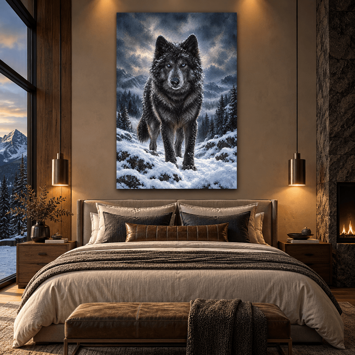 Black Wolf with Blue Eyes Canvas Wall Art – Snowy Mountain Wolf Wildlife Oil Painting - ART OF ROYALS