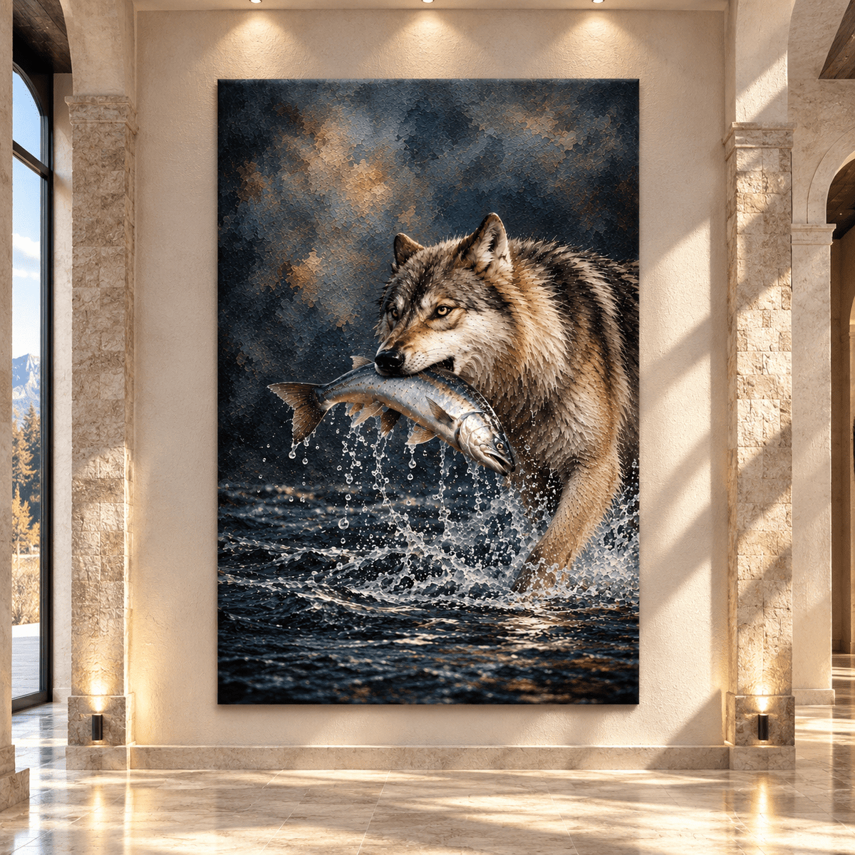 Gray Wolf Catching Salmon Canvas Wall Art – Dramatic River Wildlife Painting - ART OF ROYALS