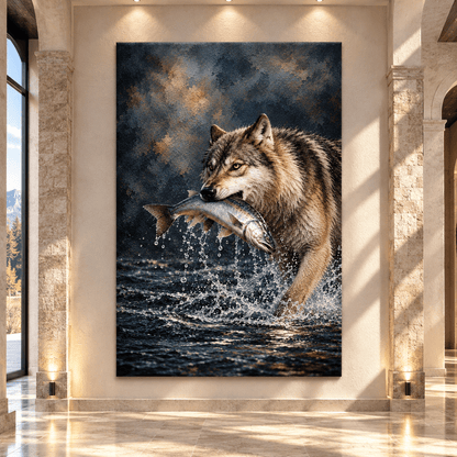 Gray Wolf Catching Salmon Canvas Wall Art – Dramatic River Wildlife Painting - ART OF ROYALS