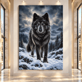 Black Wolf with Blue Eyes Canvas Wall Art – Snowy Mountain Wolf Wildlife Oil Painting