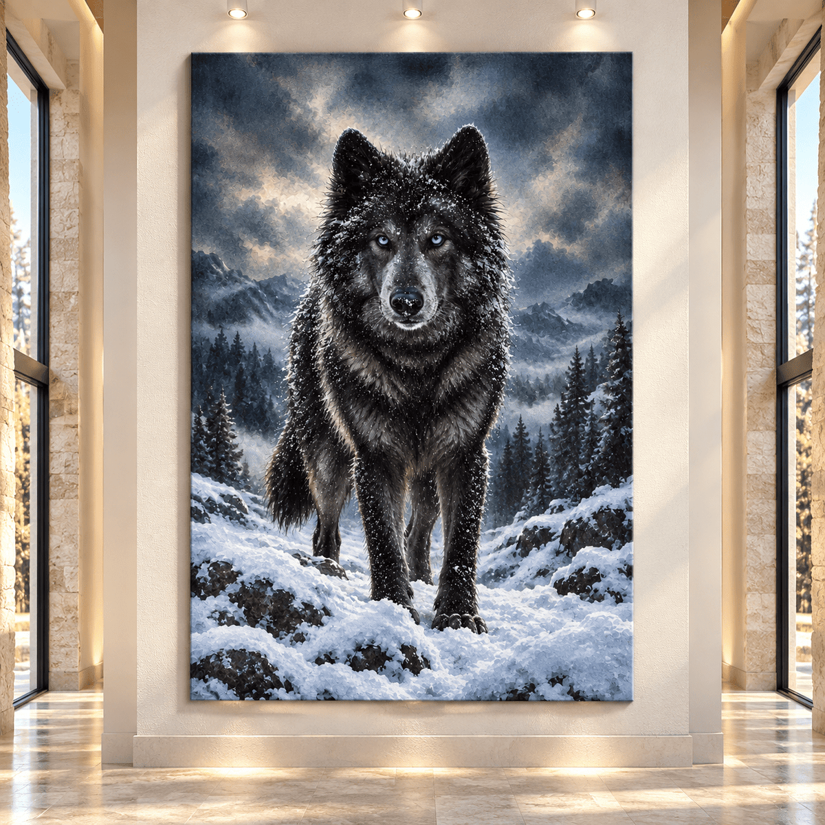 Black Wolf with Blue Eyes Canvas Wall Art – Snowy Mountain Wolf Wildlife Oil Painting - ART OF ROYALS