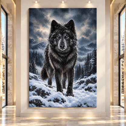 Black Wolf with Blue Eyes Canvas Wall Art – Snowy Mountain Wolf Wildlife Oil Painting - ART OF ROYALS