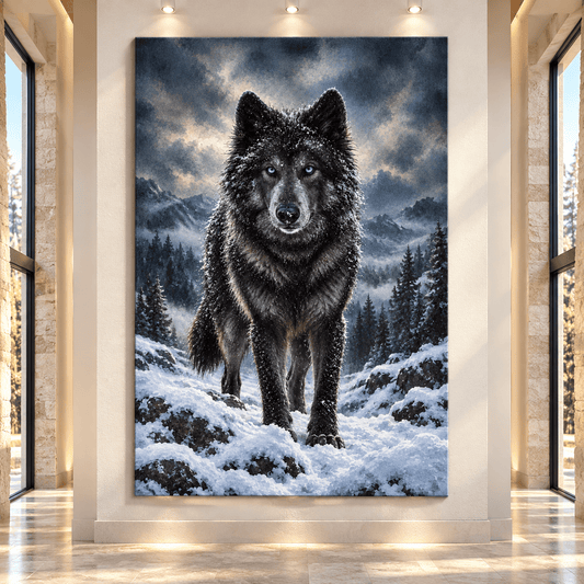 Black Wolf with Blue Eyes Canvas Wall Art – Snowy Mountain Wolf Wildlife Oil Painting - ART OF ROYALS