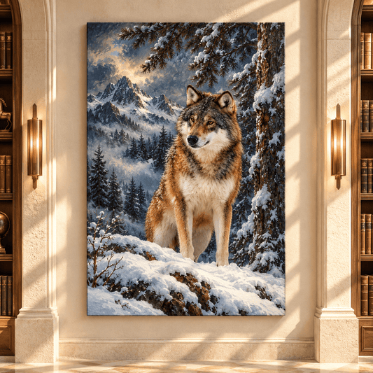Gray Wolf in Snow Wrapped Canvas Wall Art – Majestic Winter Mountain Wolf Painting - ART OF ROYALS