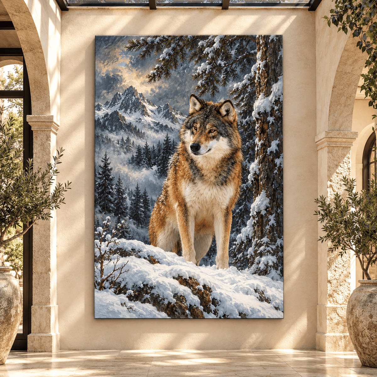 Gray Wolf in Snow Wrapped Canvas Wall Art – Majestic Winter Mountain Wolf Painting - ART OF ROYALS