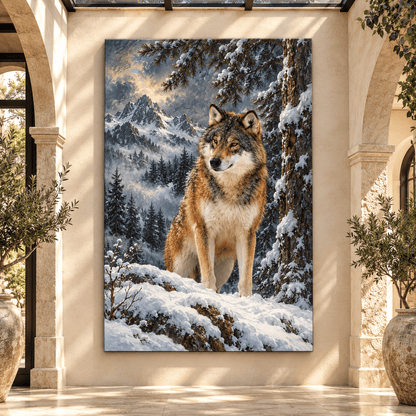 Gray Wolf in Snow Wrapped Canvas Wall Art – Majestic Winter Mountain Wolf Painting - ART OF ROYALS