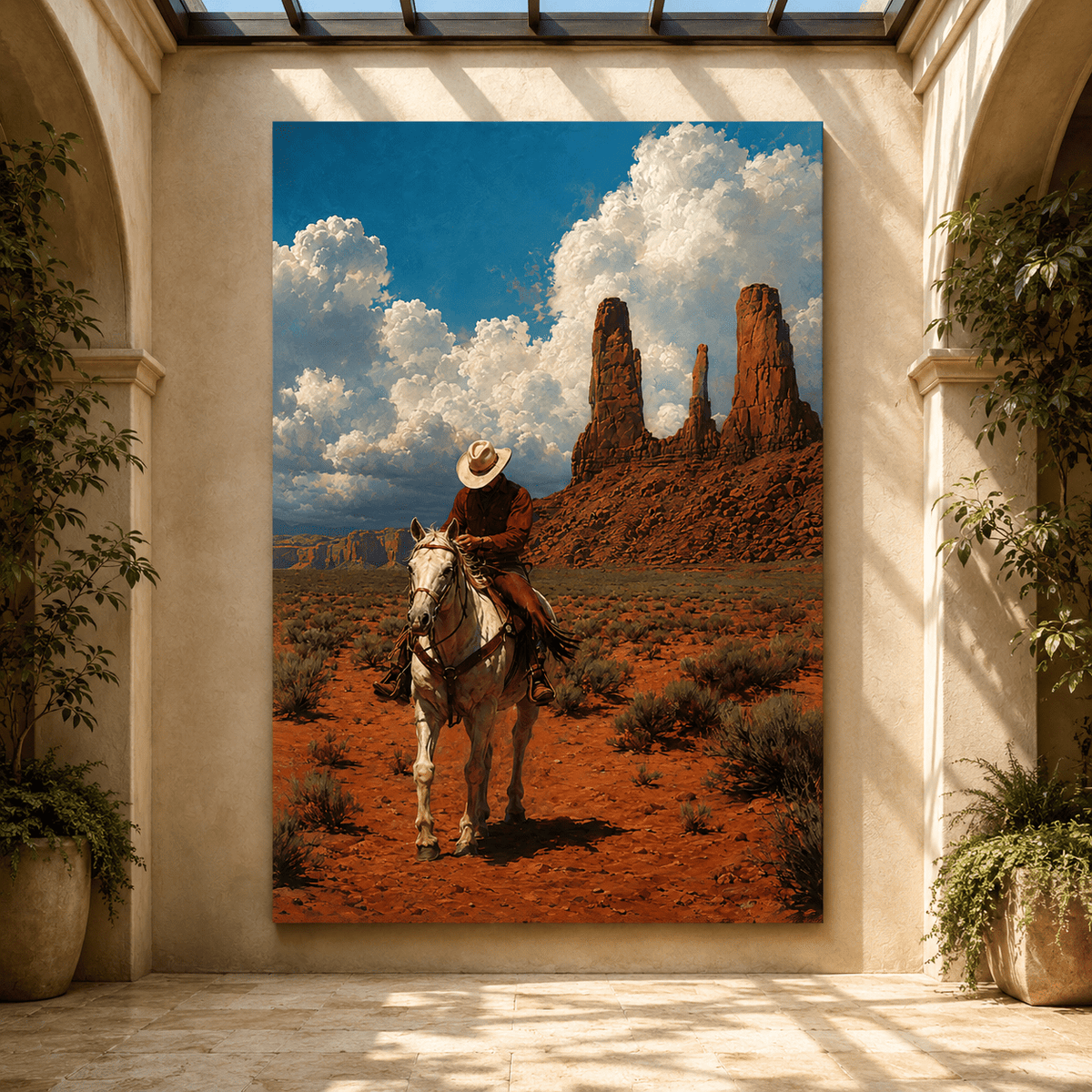 Western Cowboy on White Horse Wrapped Canvas Wall Art – Monument Valley Desert Ranch Painting - ART OF ROYALS