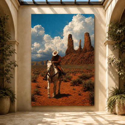 Western Cowboy on White Horse Wrapped Canvas Wall Art – Monument Valley Desert Ranch Painting - ART OF ROYALS