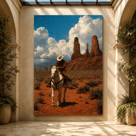 Western Cowboy on White Horse Wrapped Canvas Wall Art – Monument Valley Desert Ranch Painting - ART OF ROYALS