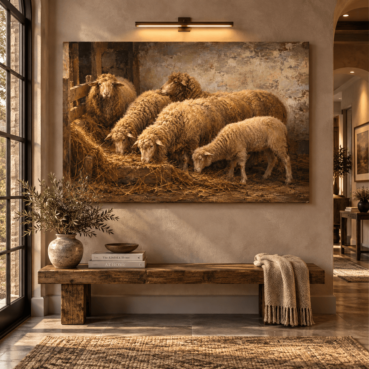 Sheep Feeding in Rustic Barn Wrapped Canvas Wall Art – Vintage Farmhouse Flock Painting
