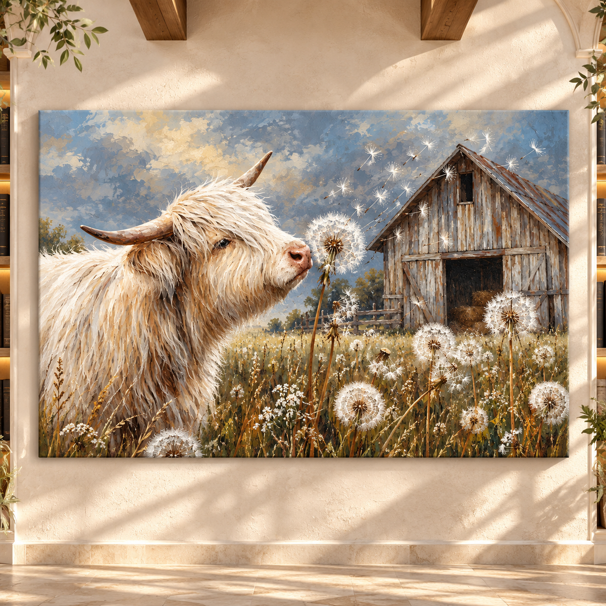 Highland Cow & Dandelion Wrapped Canvas Wall Art – Rustic Farmhouse Cattle Meadow Painting