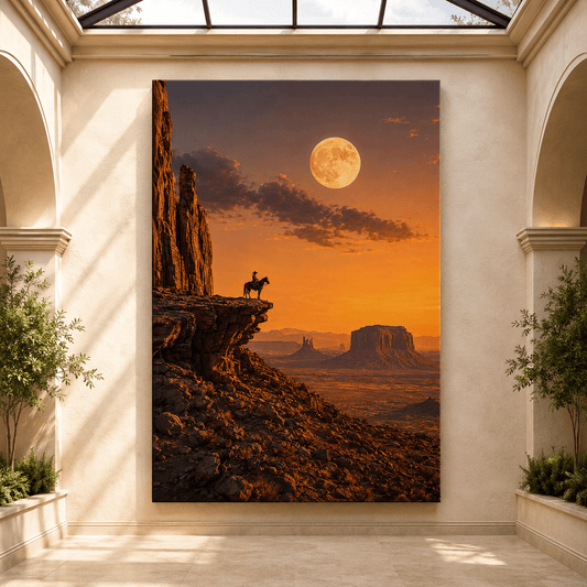 Lone Cowboy Under Full Moon Wrapped Canvas Wall Art – Monument Valley Sunset Print - ART OF ROYALS