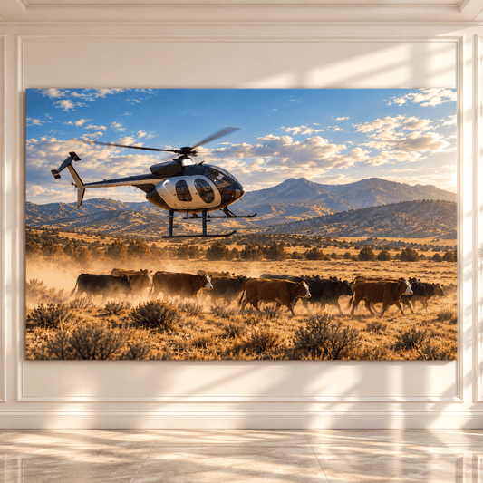 Helicopter Herding Cattle Across Mountain Ranch Wrapped Canvas Wall Art – Western Cattle Mustering Print - ART OF ROYALS