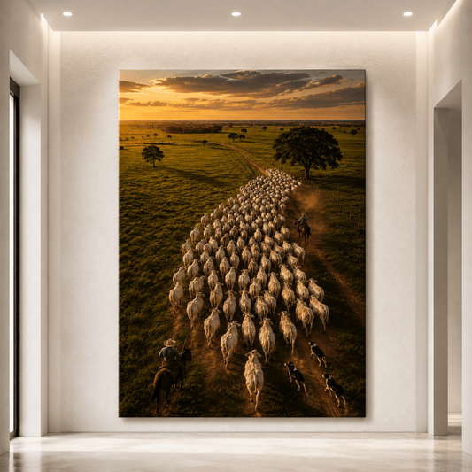 Cowboys Herding White Cattle Wrapped Canvas Wall Art – Sunset Ranch Drive Western Print - ART OF ROYALS