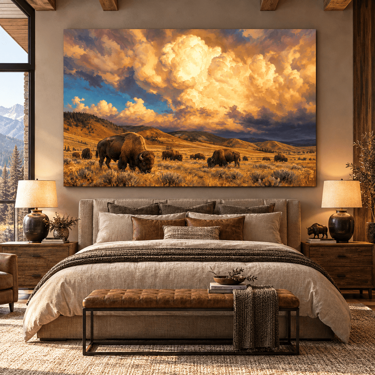 Buffalo Herd Under Golden Storm Clouds Wrapped Canvas Wall Art – Western Bison Prairie Landscape - ART OF ROYALS