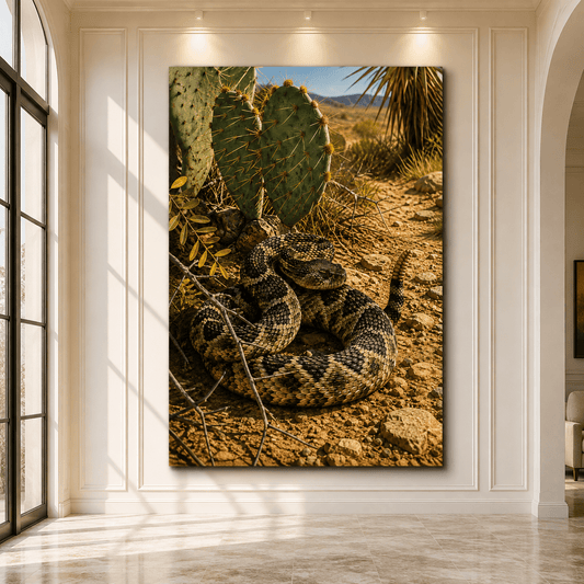 Coiled Rattlesnake in Desert Cactus Wrapped Canvas Wall Art – Southwestern Reptile Wildlife Print - ART OF ROYALS
