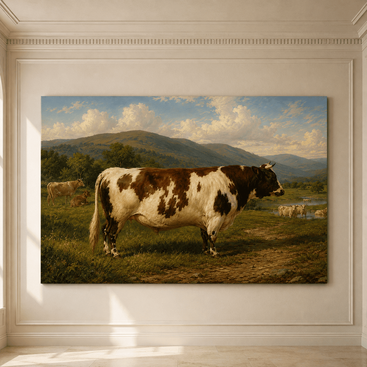 Brown and White Cow in Mountain Pasture Wrapped Canvas Wall Art – Vintage Cattle Farm Landscape Print - ART OF ROYALS