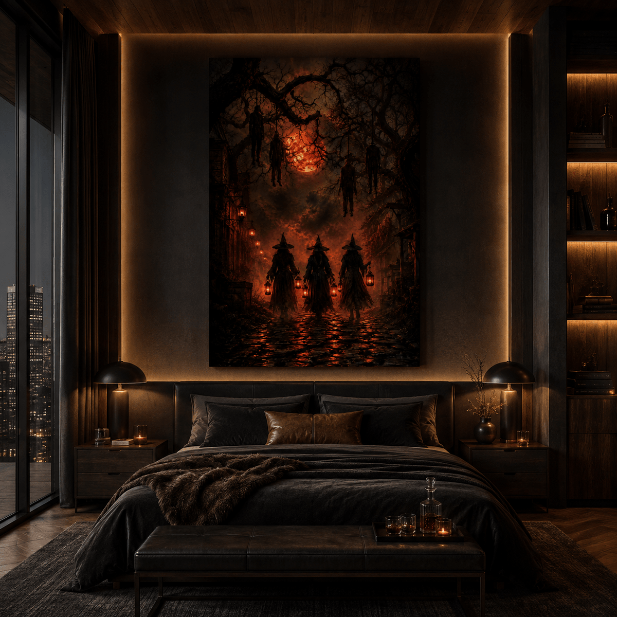 Three Witches Beneath a Blood Moon Wrapped Canvas Wall Art – Dark Halloween Witch Procession Print - ART OF ROYALS