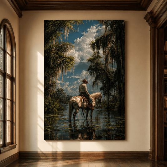 Swamp Cowboy on Horseback Wrapped Canvas Wall Art – Southern Bayou Western Landscape Print - ART OF ROYALS