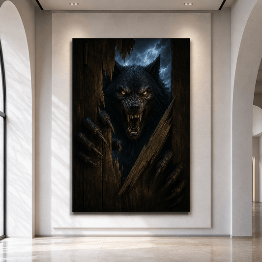 Ferocious Black Werewolf Breaking Through Wood Wrapped Canvas Wall Art – Dark Gothic Wolf Horror Print - ART OF ROYALS
