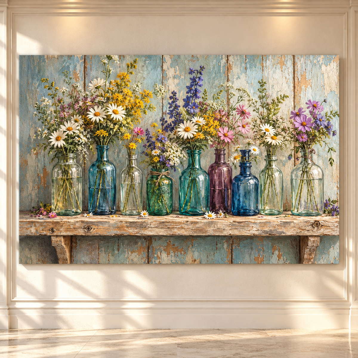 Wildflowers in Vintage Glass Bottles Wrapped Canvas Wall Art – Rustic Farmhouse Floral Still Life Painting - ART OF ROYALS
