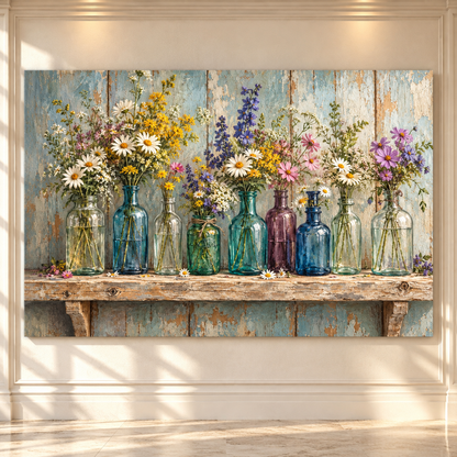 Wildflowers in Vintage Glass Bottles Wrapped Canvas Wall Art – Rustic Farmhouse Floral Still Life Painting - ART OF ROYALS