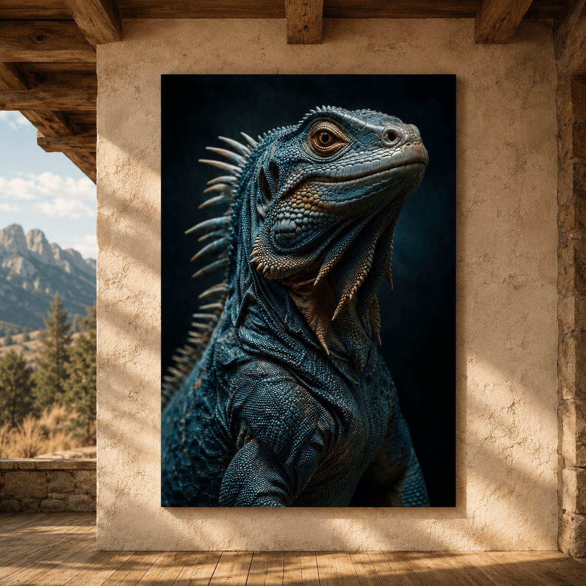Blue Iguana Portrait Wrapped Canvas Wall Art – Teal Spiny Lizard Reptile Print - ART OF ROYALS