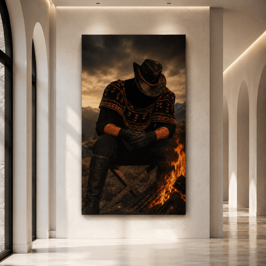 Contemplative Cowboy by Campfire Wrapped Canvas Wall Art – Moody Western Ranch Rider Print - ART OF ROYALS
