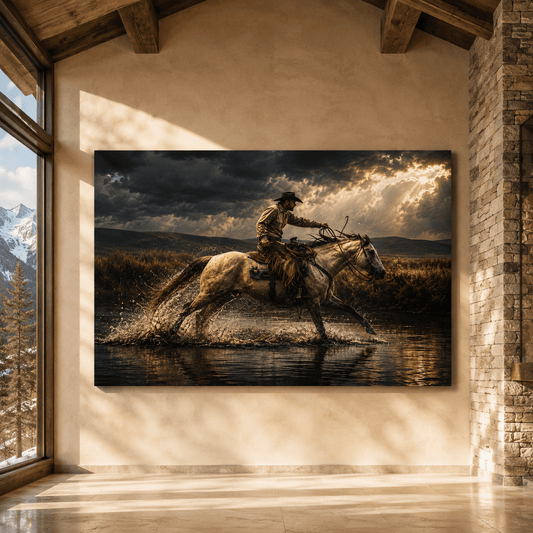Cowboy Riding Horse Through River Wrapped Canvas Wall Art – Western Ranch Horse Action Print - ART OF ROYALS