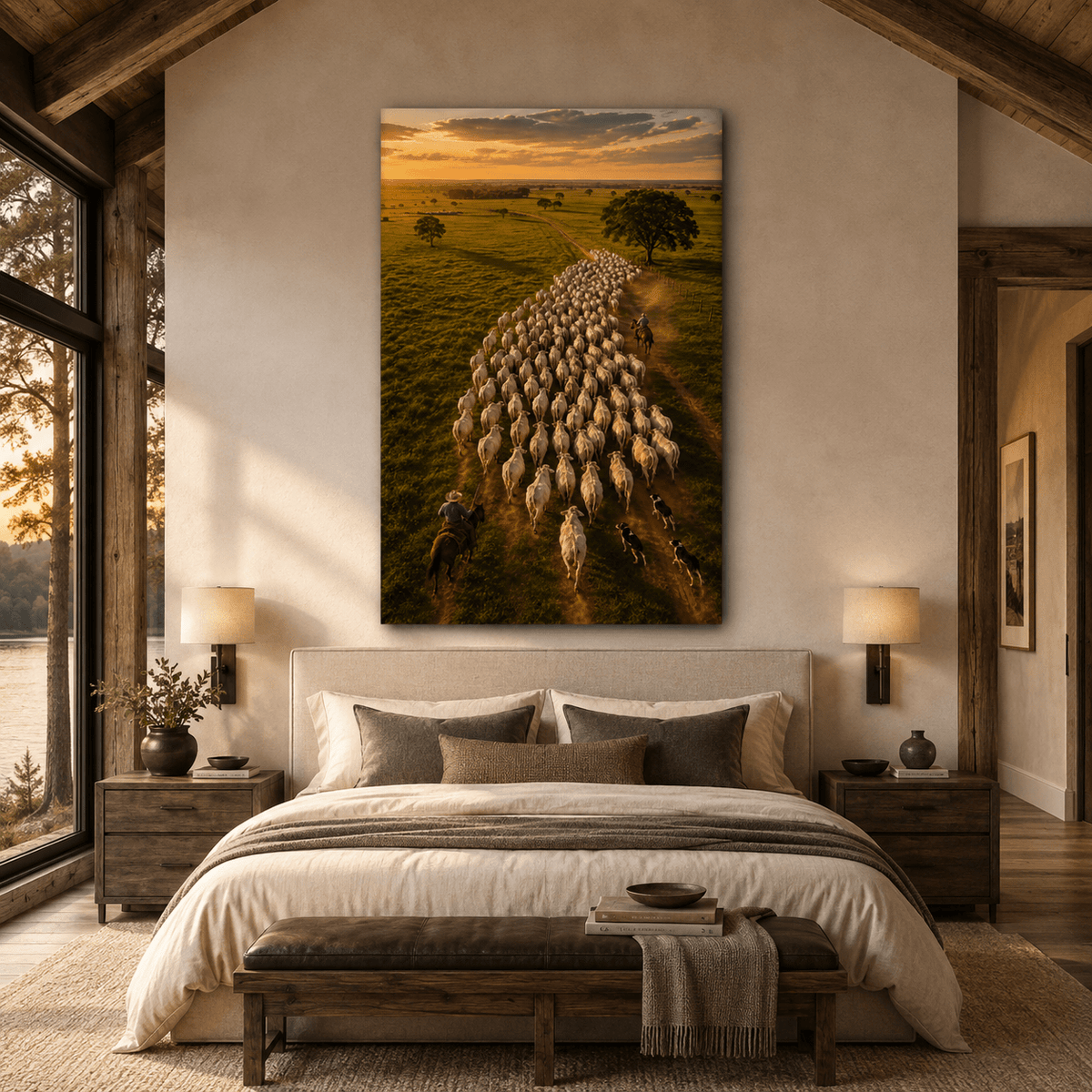 Cowboys Herding White Cattle Wrapped Canvas Wall Art – Sunset Ranch Drive Western Print - ART OF ROYALS