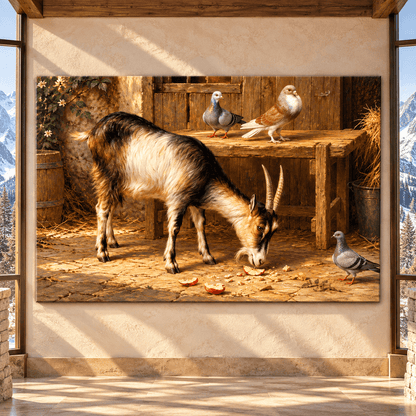 Goat & Pigeons in Rustic Barn Wrapped Canvas Wall Art – Farm Animal Country Painting - ART OF ROYALS