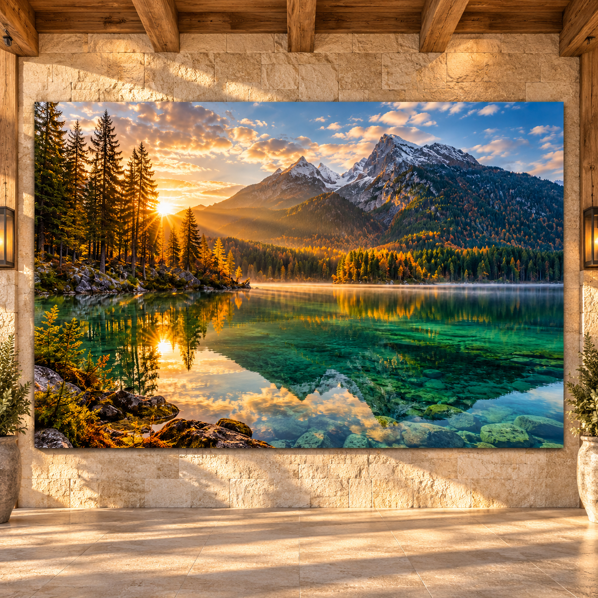 Crystal Clear Mountain Lake at Golden Sunrise Wrapped Canvas Wall Art – Alpine Forest Landscape Print