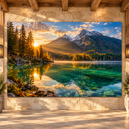 Crystal Clear Mountain Lake at Golden Sunrise Wrapped Canvas Wall Art – Alpine Forest Landscape Print