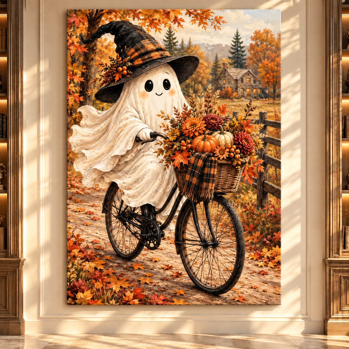 Whimsical Halloween Ghost on Bicycle Wrapped Canvas Wall Art – Cozy Autumn Farmhouse Painting