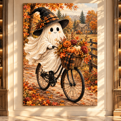 Whimsical Halloween Ghost on Bicycle Wrapped Canvas Wall Art – Cozy Autumn Farmhouse Painting