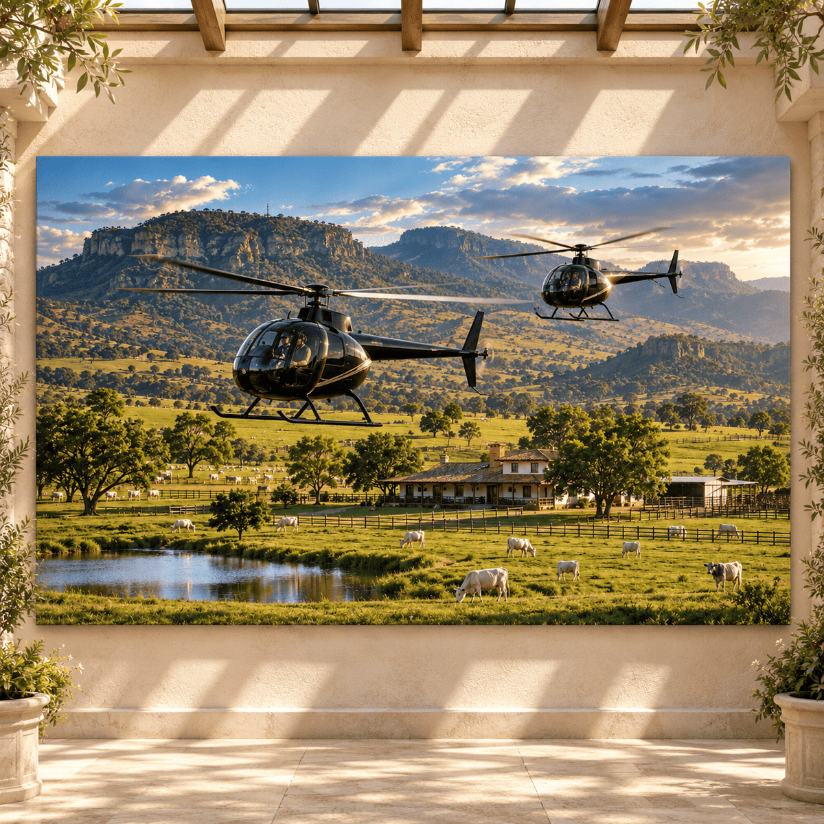 Cattle Ranch Helicopter Wrapped Canvas Wall Art – Luxury Ranch Landscape with Grazing Cows - ART OF ROYALS