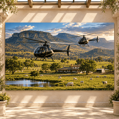 Cattle Ranch Helicopter Wrapped Canvas Wall Art – Luxury Ranch Landscape with Grazing Cows - ART OF ROYALS