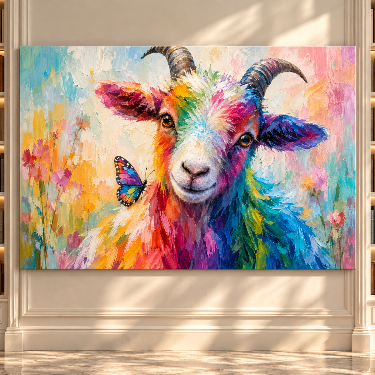 Colorful Goat & Butterfly Wrapped Canvas Wall Art – Whimsical Farmhouse Animal Painting