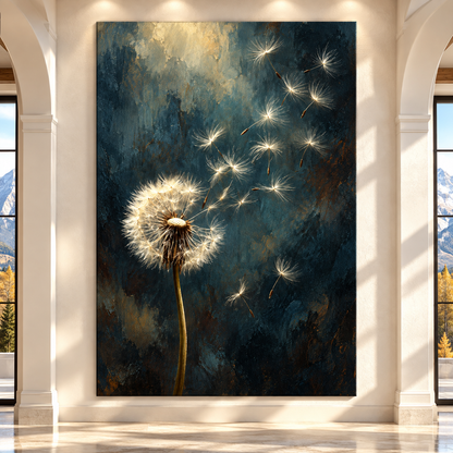 Blowing Dandelion Seeds Wrapped Canvas Wall Art – Moody Teal Botanical Painting