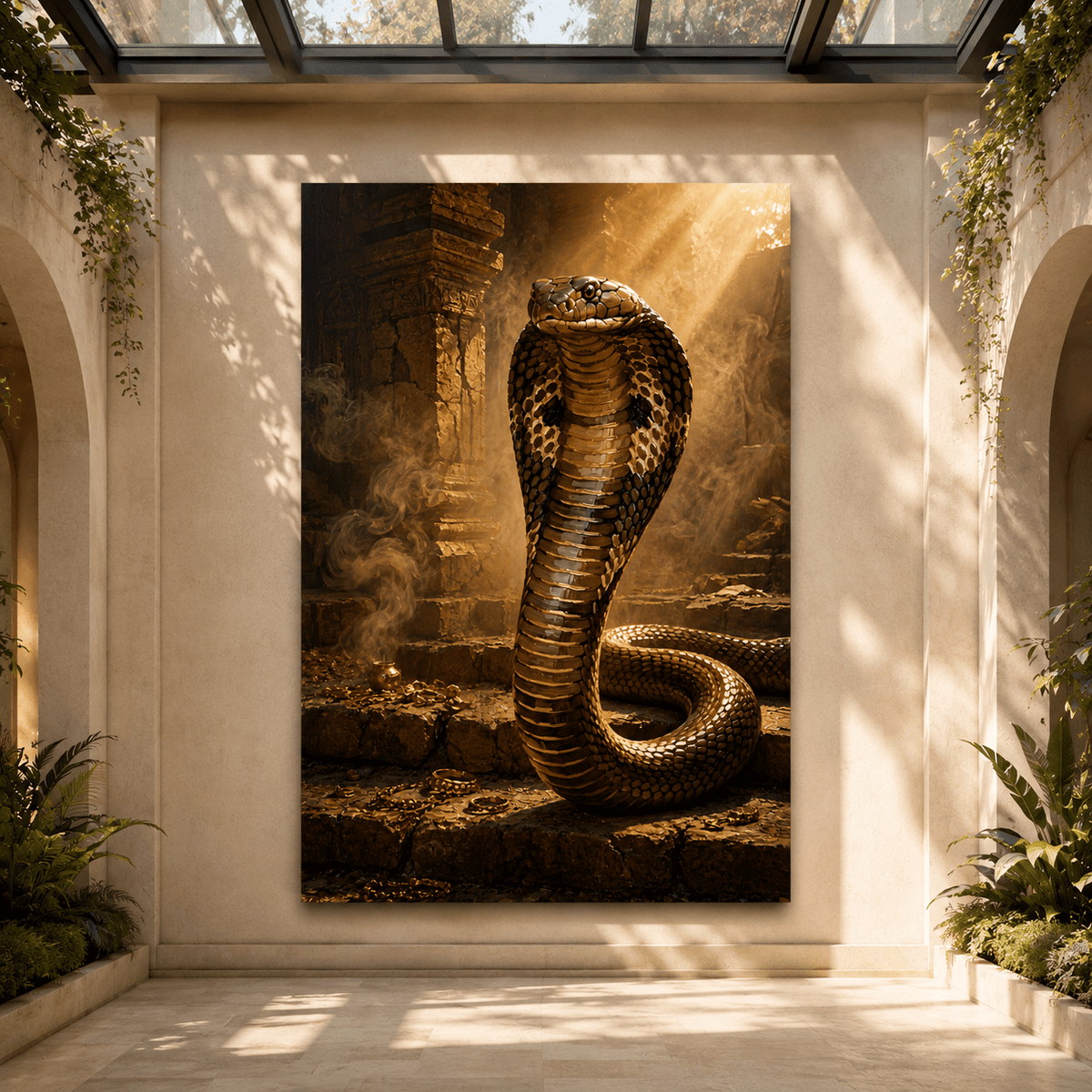 Temple Guardian Cobra Wrapped Canvas Wall Art – Mystical Golden Treasure Print - ART OF ROYALS