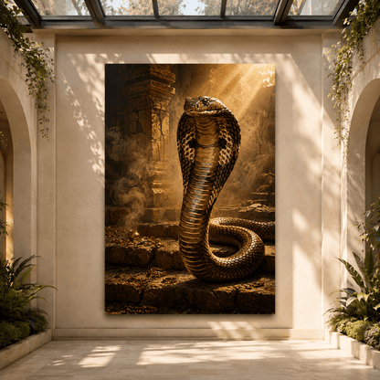 Temple Guardian Cobra Wrapped Canvas Wall Art – Mystical Golden Treasure Print - ART OF ROYALS