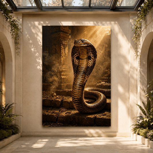 Temple Guardian Cobra Wrapped Canvas Wall Art – Mystical Golden Treasure Print - ART OF ROYALS