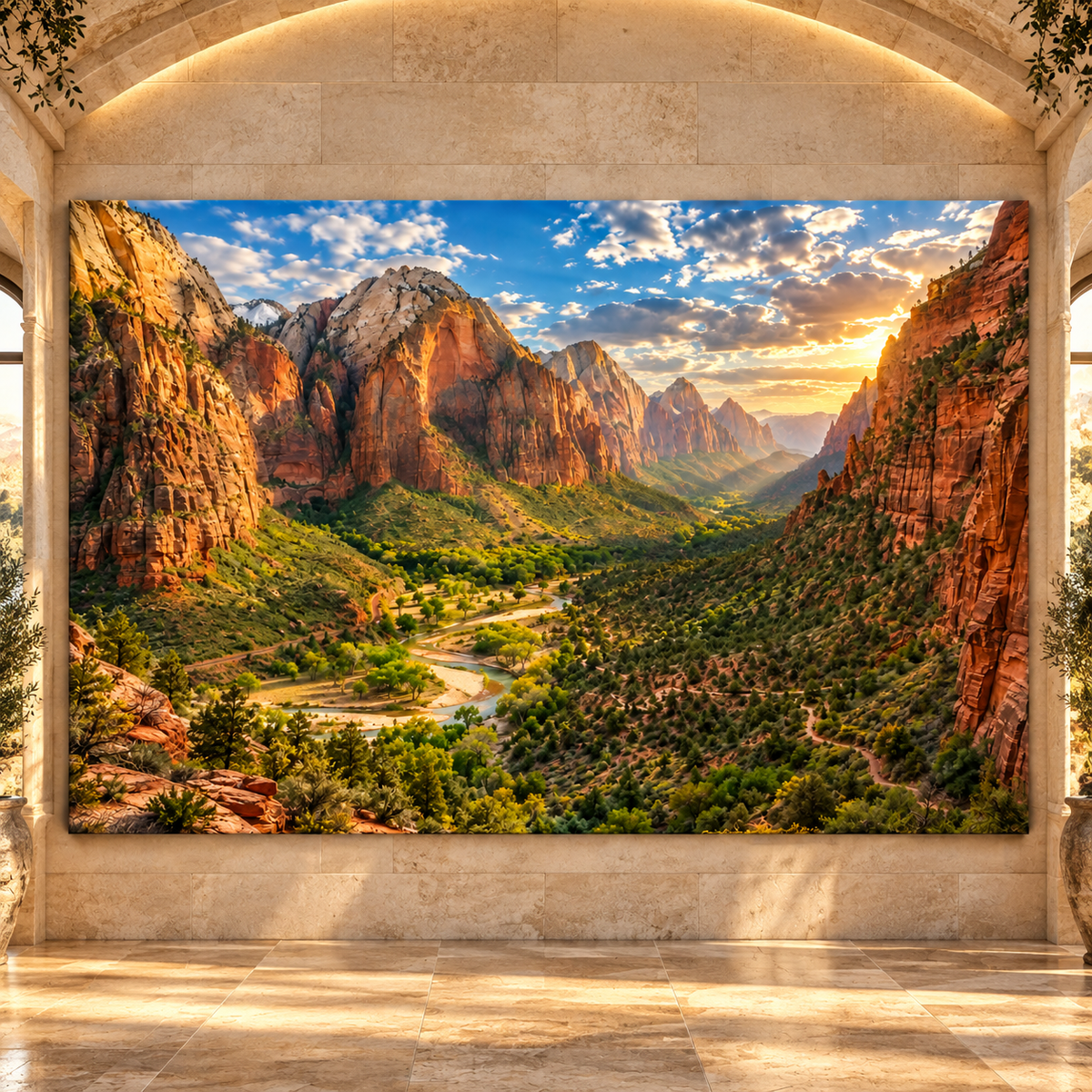 Zion Canyon Valley at Golden Sunset Wrapped Canvas Wall Art – Majestic Southwest Mountain Landscape Print - ART OF ROYALS