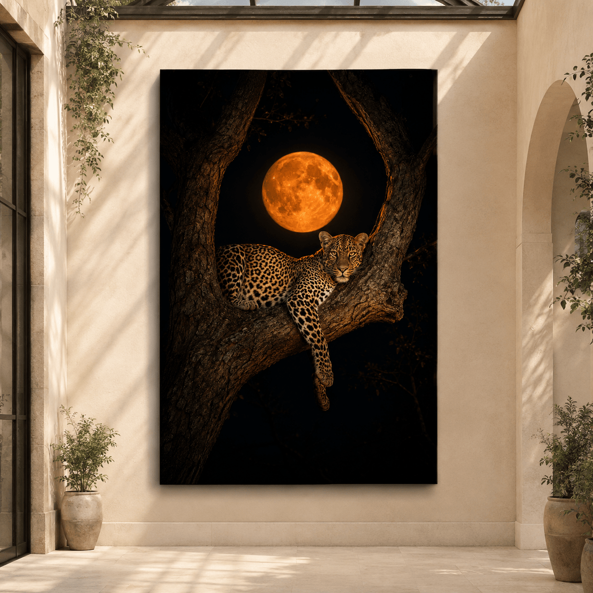 Leopard Resting Beneath Full Moon Wrapped Canvas Wall Art – Moonlit Big Cat Wildlife Print - ART OF ROYALS
