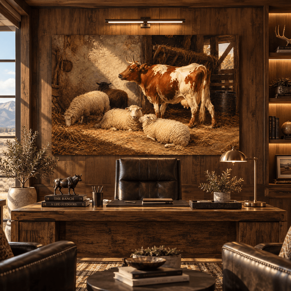 Cow and Sheep in Rustic Barn Wrapped Canvas Wall Art – Vintage Farm Animal Painting - ART OF ROYALS