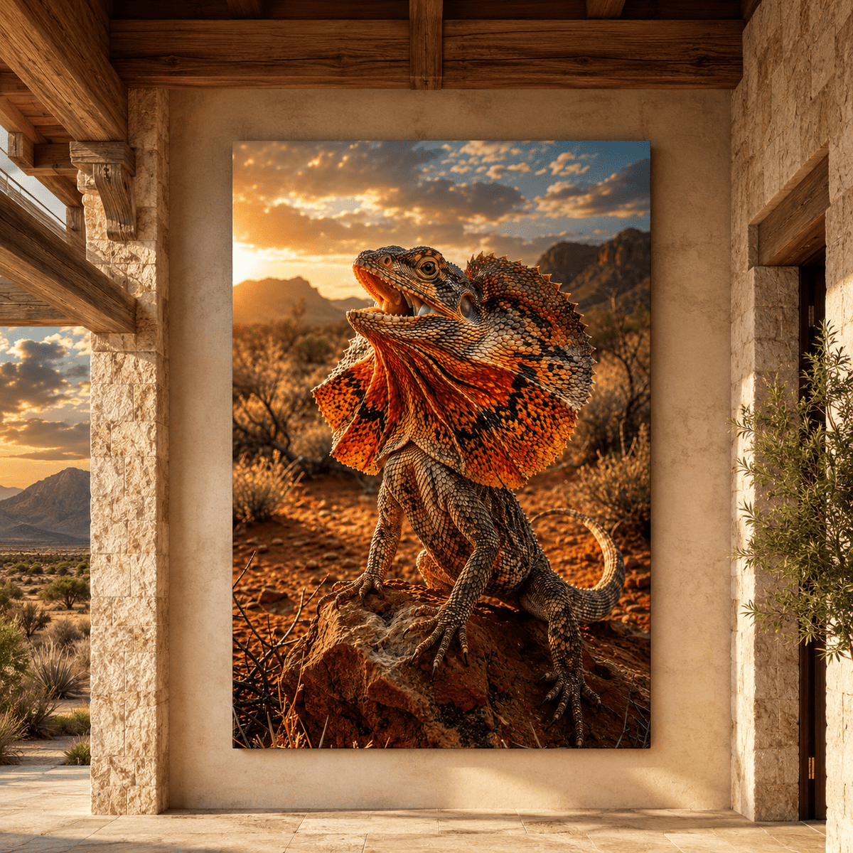 Frilled Lizard at Sunset Wrapped Canvas Wall Art – Orange Frill Desert Reptile Print - ART OF ROYALS