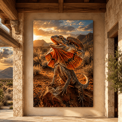 Frilled Lizard at Sunset Wrapped Canvas Wall Art – Orange Frill Desert Reptile Print - ART OF ROYALS