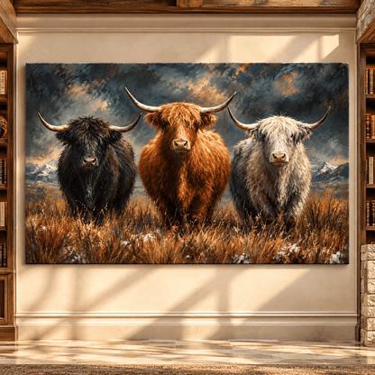 Three Highland Cows Wrapped Canvas Wall Art – Rustic Western Cattle Painting - ART OF ROYALS