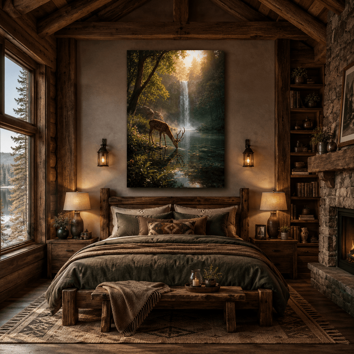 Whitetail Buck at Waterfall Wrapped Canvas Wall Art – Deer Drinking from Forest Lake Print - ART OF ROYALS
